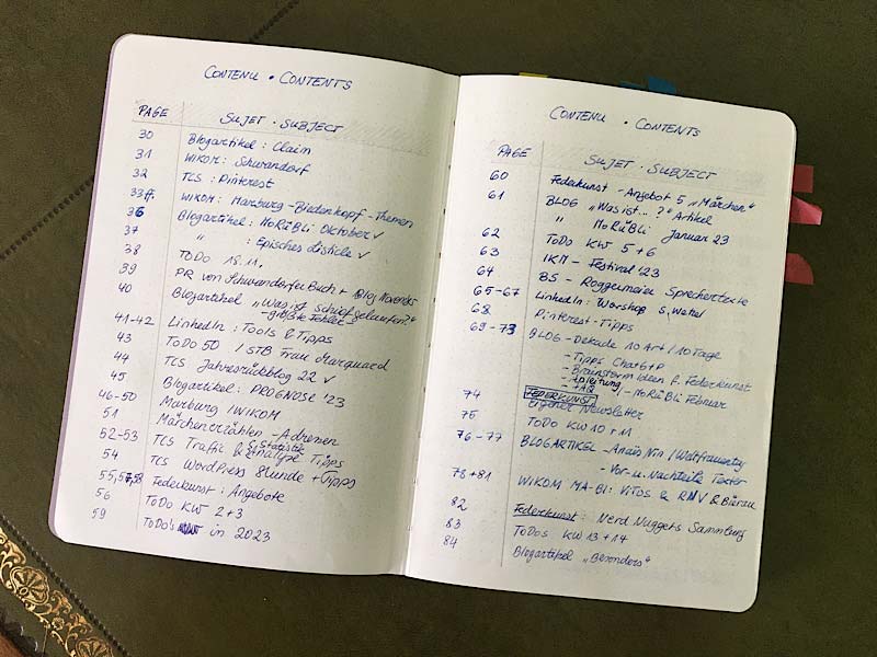 Notizbuch mit selbst gebautem Inhaltsverzeichnis